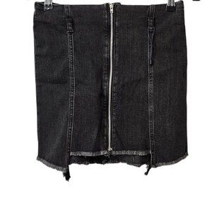 ZARA New Denim Front Zip Frayed Black Mini Jean Moto Skirt